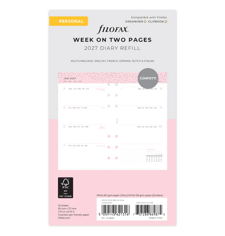 Confetti Week to View Diary - Personal 2027 Multilanguage