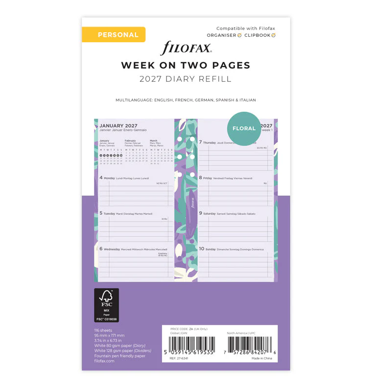 Floral Illustrated Diary Refill Pack - Personal 2027 Multilanguage