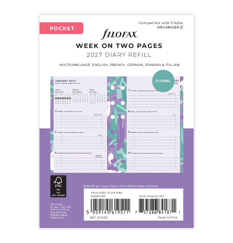 Floral Illustrated Diary Refill Pack - Pocket 2027 Multilanguage