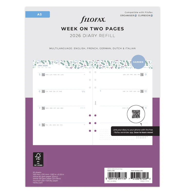 Garden Week On Two Pages Diary - A5 2026 Multilanguage