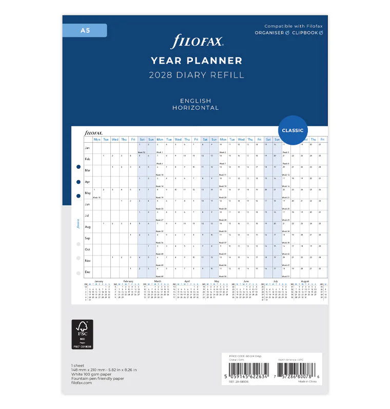 Horizontal Year Planner - A5 2028 English