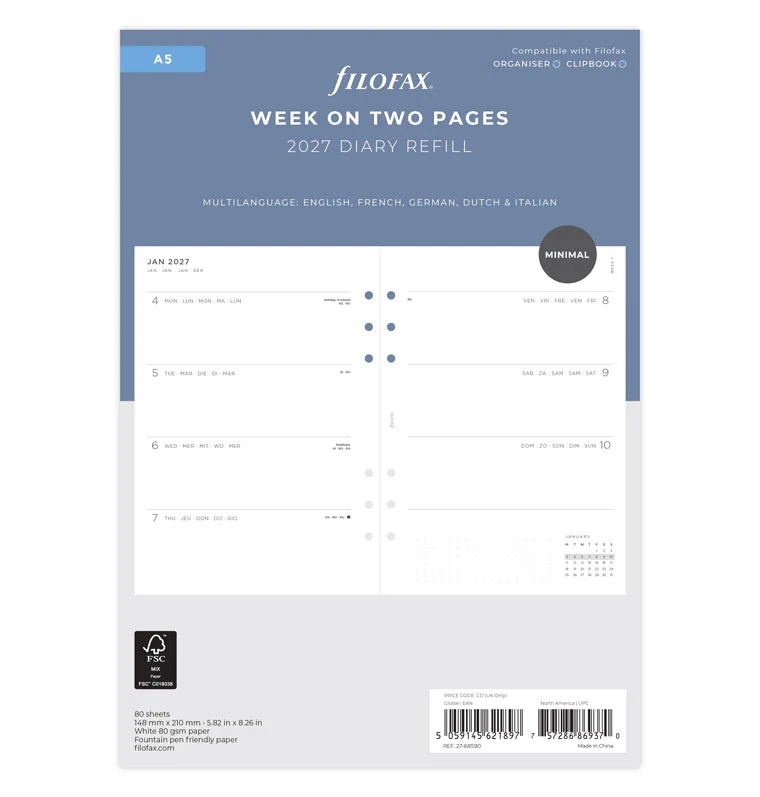 Minimal Week On Two Pages Diary - A5 2027 Multilanguage