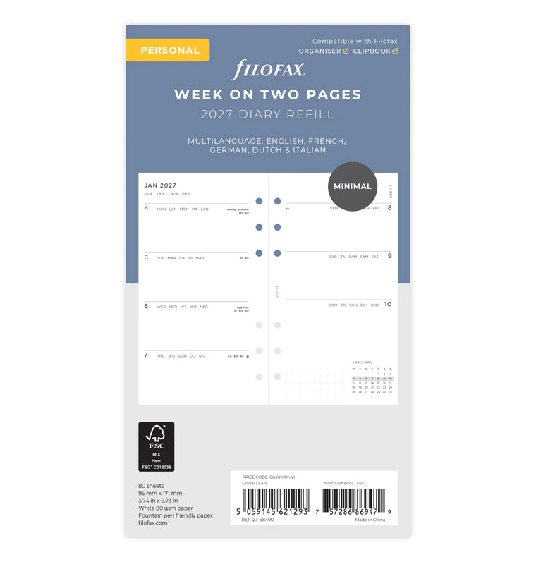 Minimal Week On Two Pages Diary - Personal 2027 Multilanguage