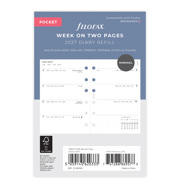 Minimal Week On Two Pages Diary - Pocket 2027 Multilanguage