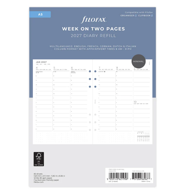 Minimal Week On Two Pages Vertical Diary - A5 2027 Multilanguage