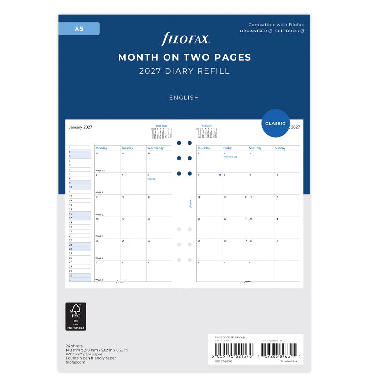 Month On Two Pages Diary - A5 2027 English