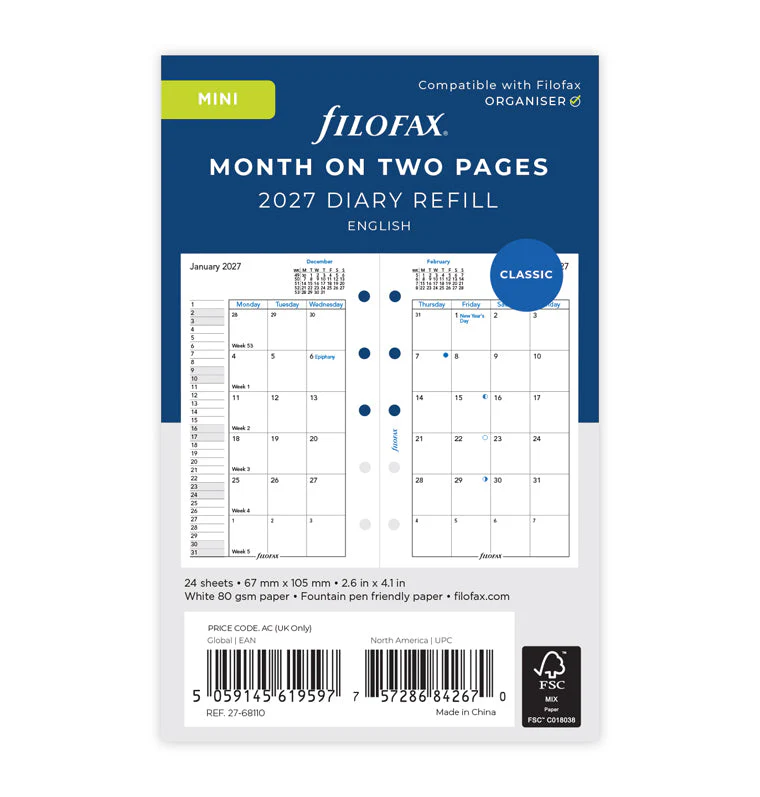Month On Two Pages Diary - Mini 2027 English