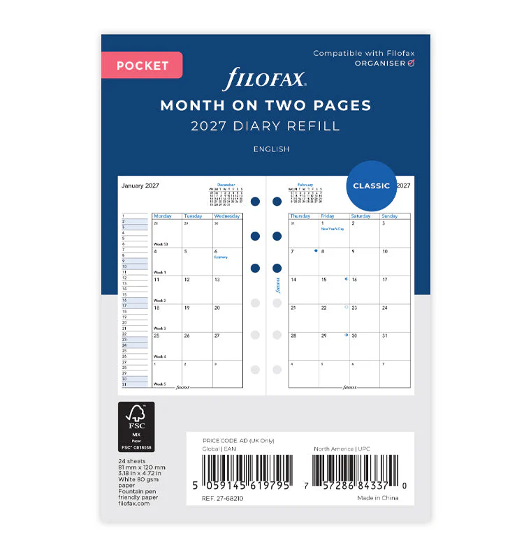 Month On Two Pages Diary - Pocket 2027 English