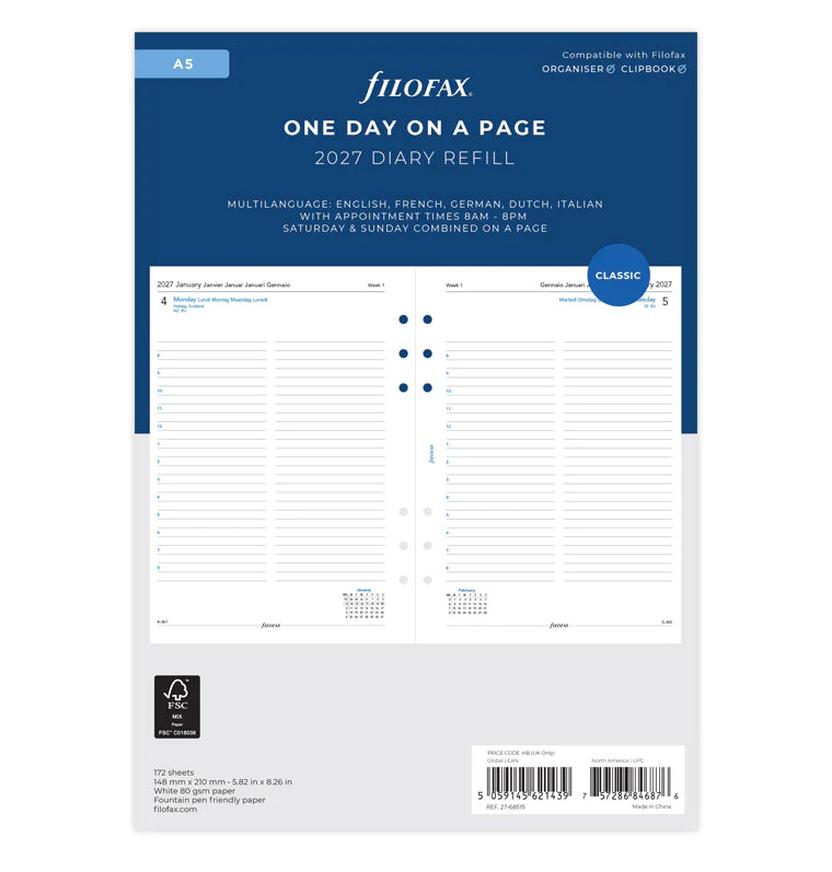 One Day On A Page Diary With Appointments - A5 2027 Multilanguage
