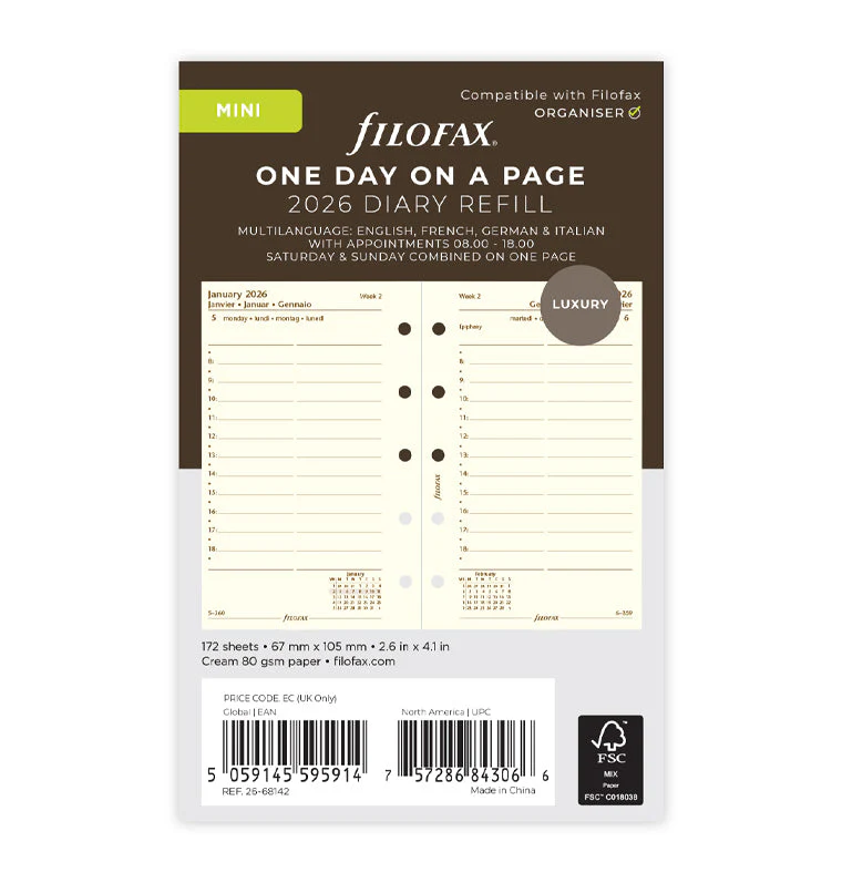One Day On A Page Diary With Appointments - Mini Cotton Cream 2026 Multilanguage