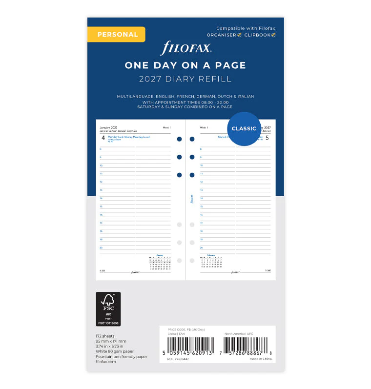 One Day On A Page Diary With Appointments - Personal 2027 Multilanguage