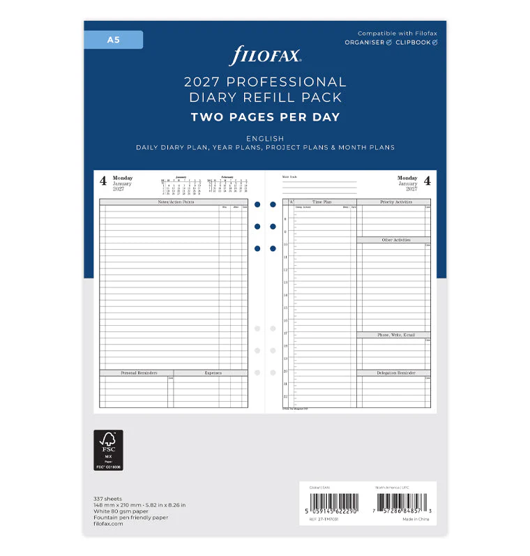 Time Management One Day On Two Pages Diary - A5 2027 English