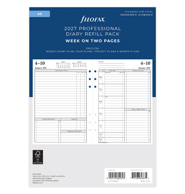 Time Management Week To View Diary - A5 2027 English