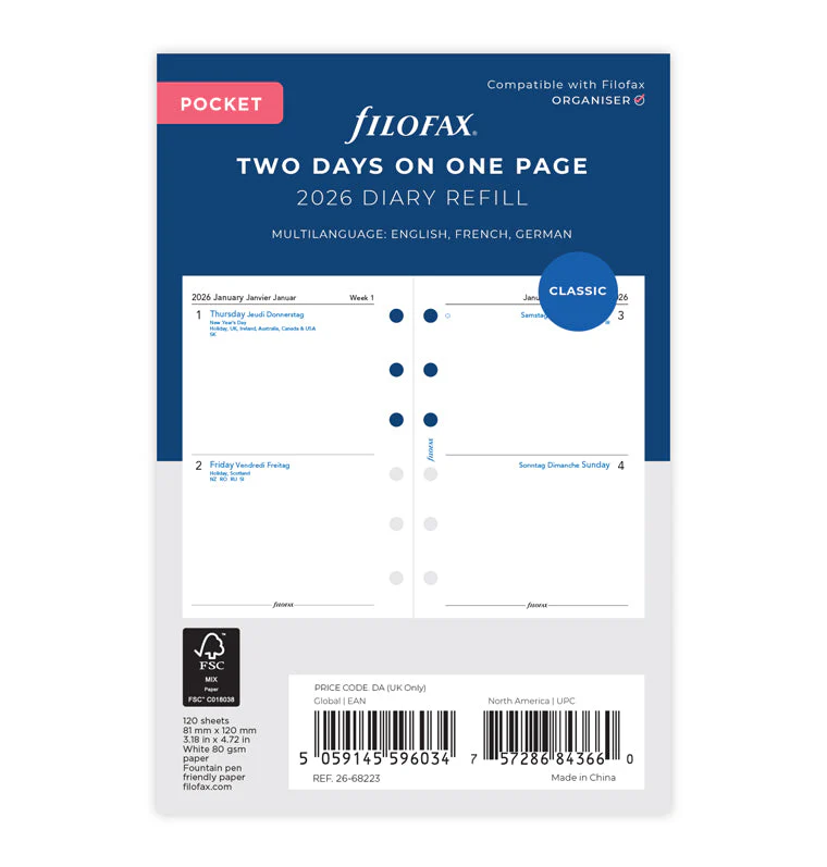 Two Days On One Page Diary - Pocket 2026 English/French/German