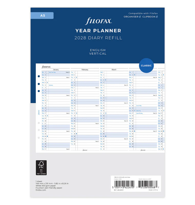 Vertical Year Planner - A5 2028 English