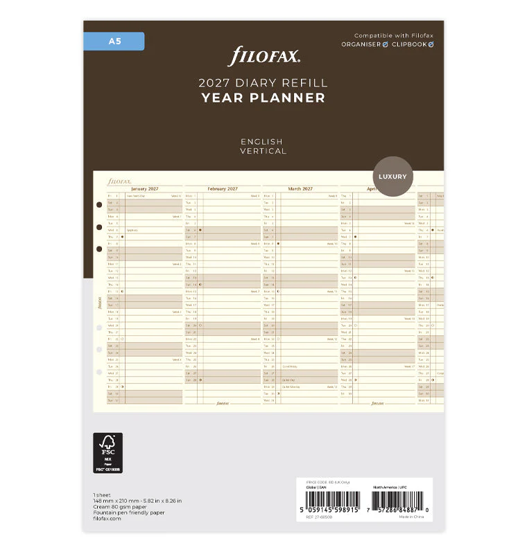 Vertical Year Planner - A5 Cotton Cream 2028 English