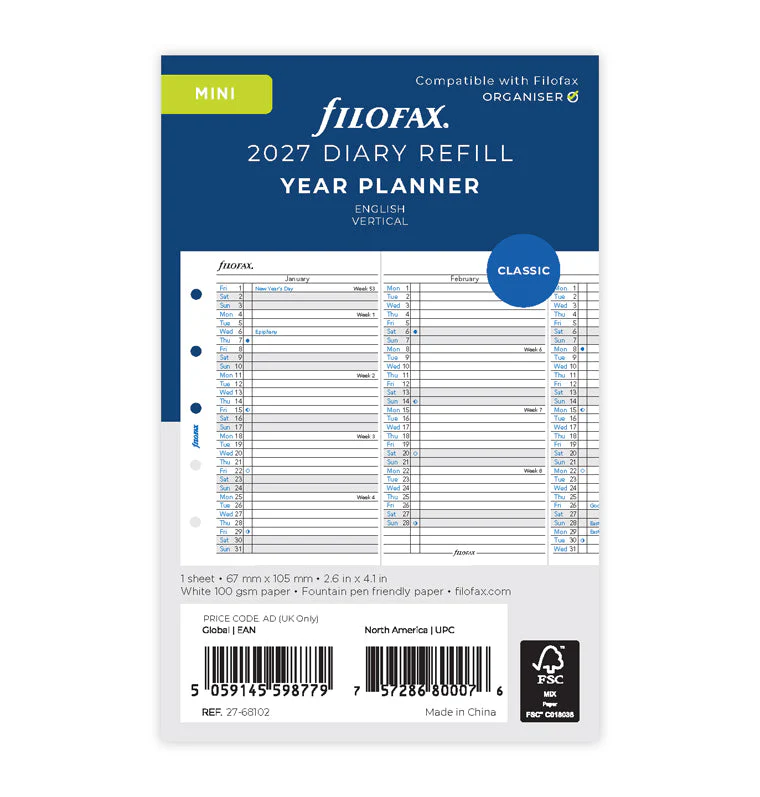Vertical Year Planner - Mini 2027 English