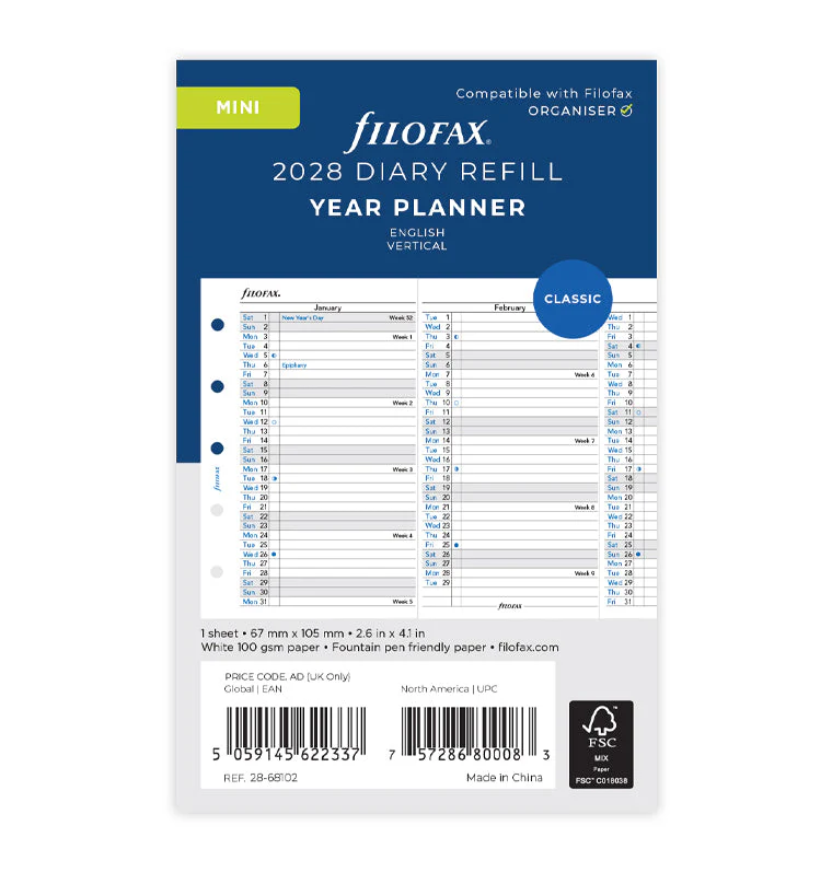 Vertical Year Planner - Mini 2028 English