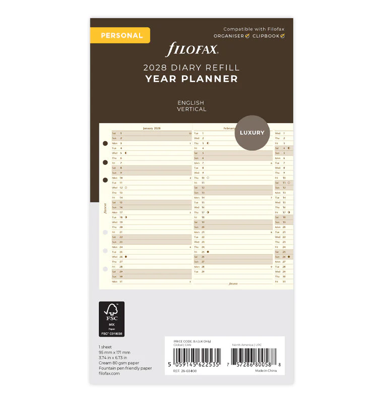 Vertical Year Planner - Personal Cotton Cream 2028 English