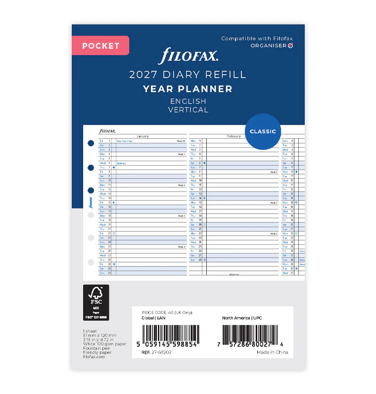 Vertical Year Planner - Pocket 2027 English