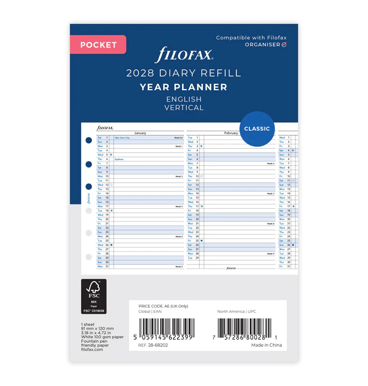 Vertical Year Planner - Pocket 2028 English
