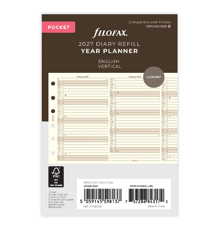 Vertical Year Planner - Pocket Cotton Cream 2027 English