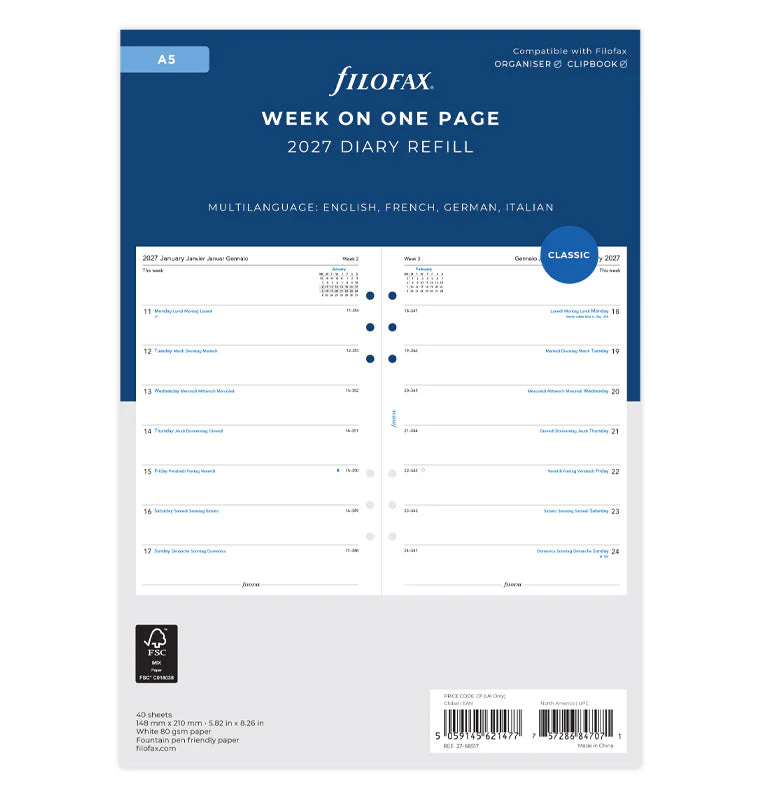 Week On One Page Diary - A5 2027 Multilanguage