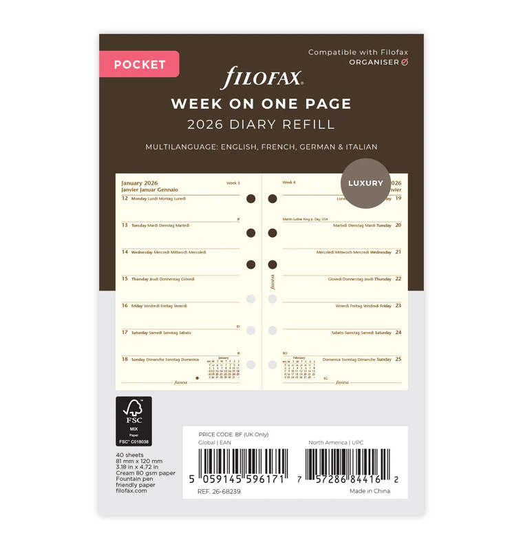 Week On One Page Diary - Pocket Cotton Cream 2026 Multilanguage