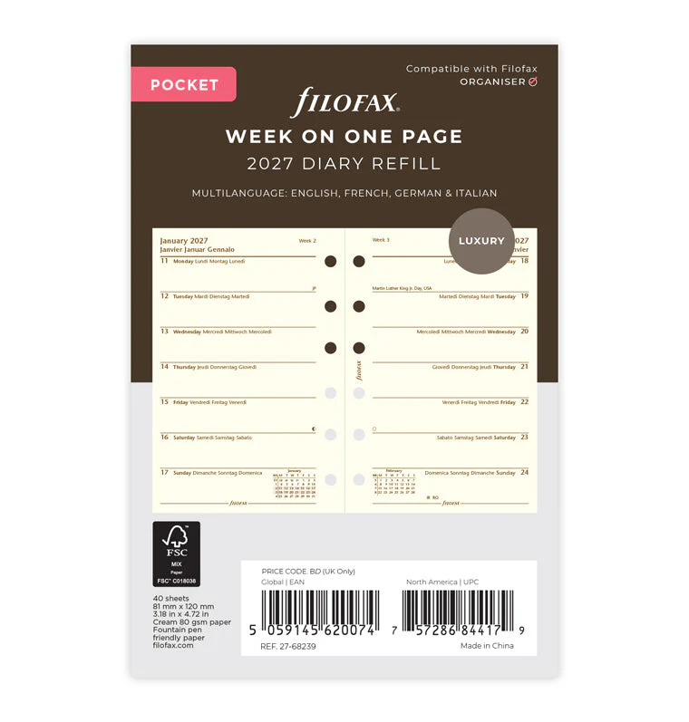 Week On One Page Diary - Pocket Cotton Cream 2027 Multilanguage