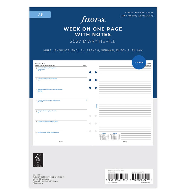 Week On One Page Diary With Notes - A5 2027 Multilanguage