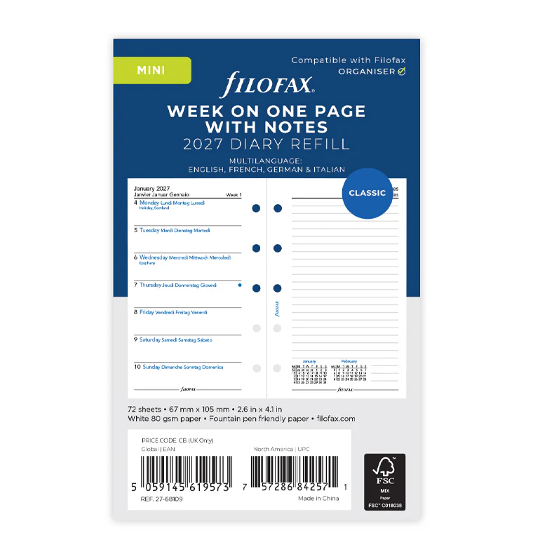 Week On One Page Diary with Notes - Mini 2027 Multilanguage