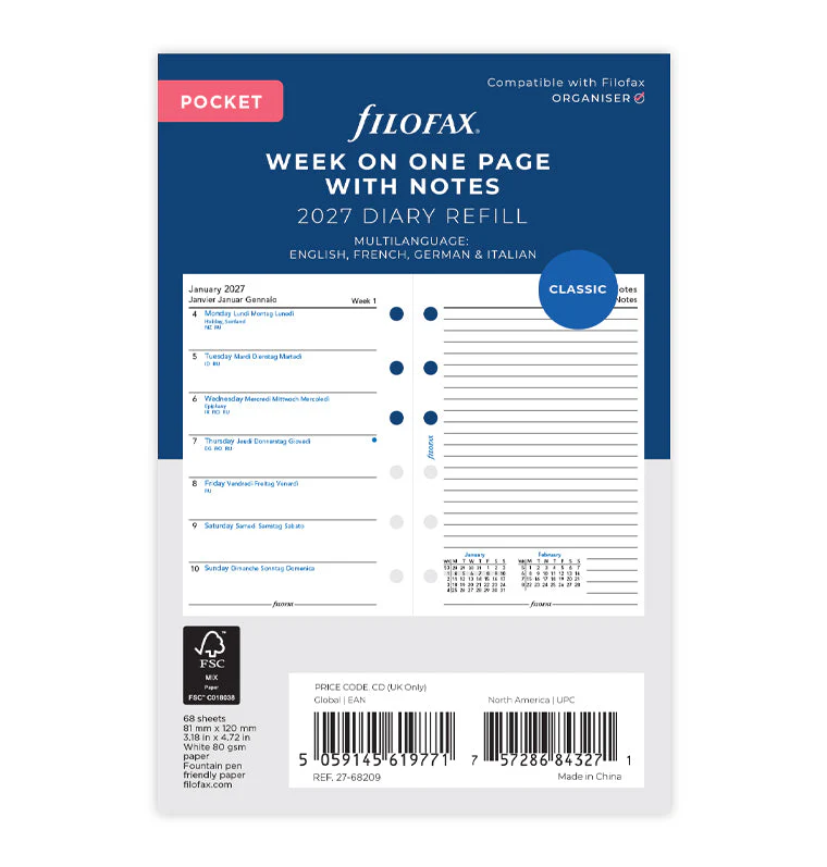 Week On One Page Diary With Notes - Pocket 2027 Multilanguage