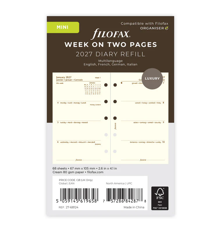 Week On Two Pages Diary - Mini Cotton Cream 2027 Multilanguage