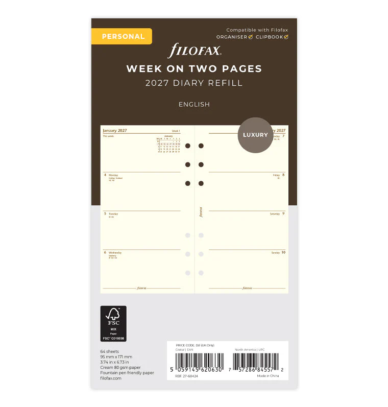 Week On Two Pages Diary - Personal Cotton Cream 2027 English