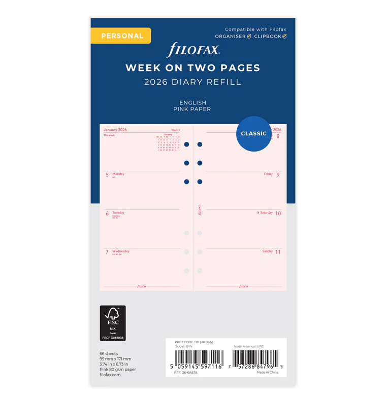 Week On Two Pages Diary - Personal Pink 2026 English