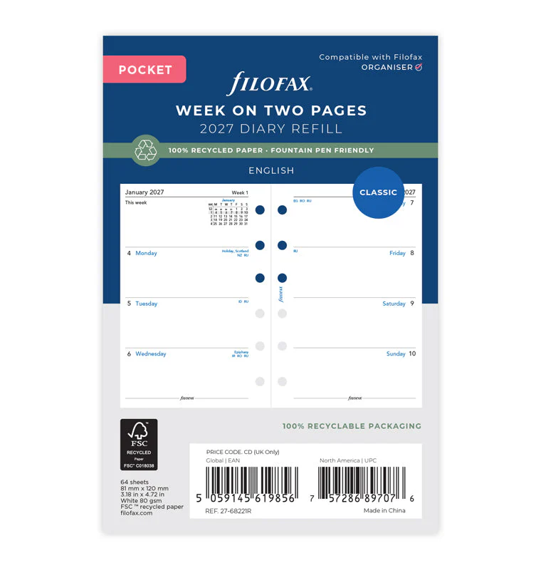 Week On Two Pages Diary - Pocket 2027 English - Recycled Paper