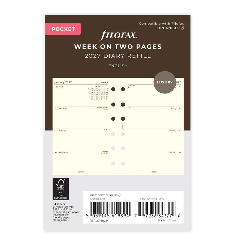 Week On Two Pages Diary - Pocket Cotton Cream 2027 English