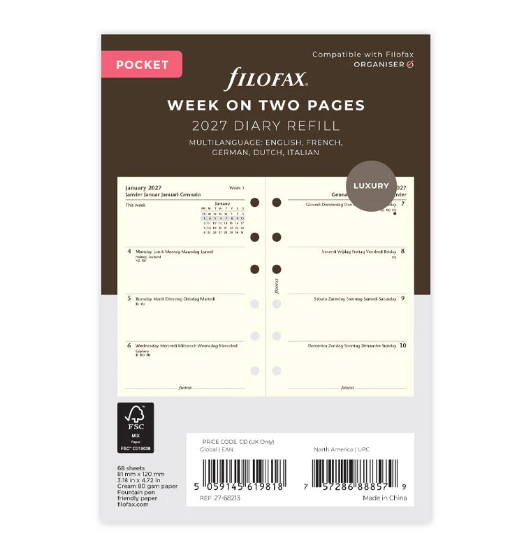 Week On Two Pages Diary - Pocket Cotton Cream 2027 Multilanguage