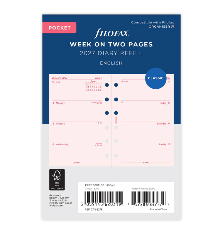 Week On Two Pages Diary - Pocket Pink 2027 English