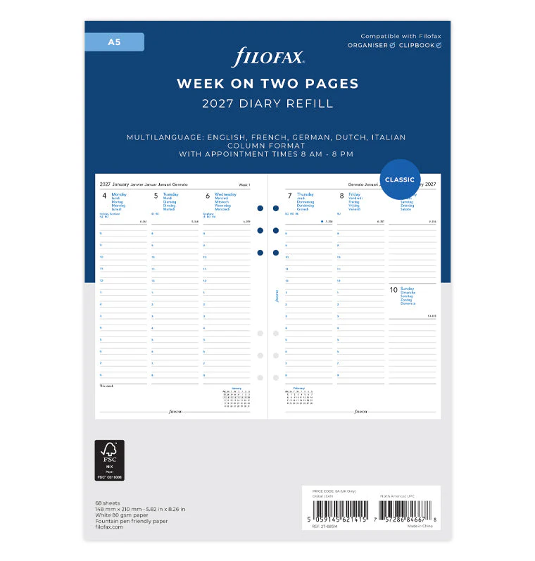 Week On Two Pages Diary With Appointments - A5 2027 Multilanguage