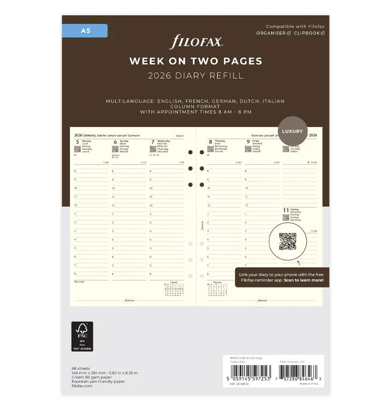 Week On Two Pages Diary With Appointments - A5 Cotton Cream 2026 Multilanguage