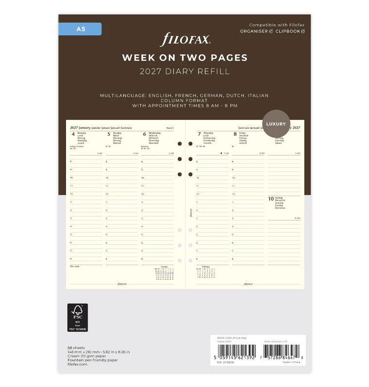 Week On Two Pages Diary With Appointments - A5 Cotton Cream 2027 Multilanguage