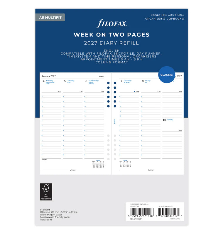 Week On Two Pages Diary With Appointments - A5 Multifit 2027 English