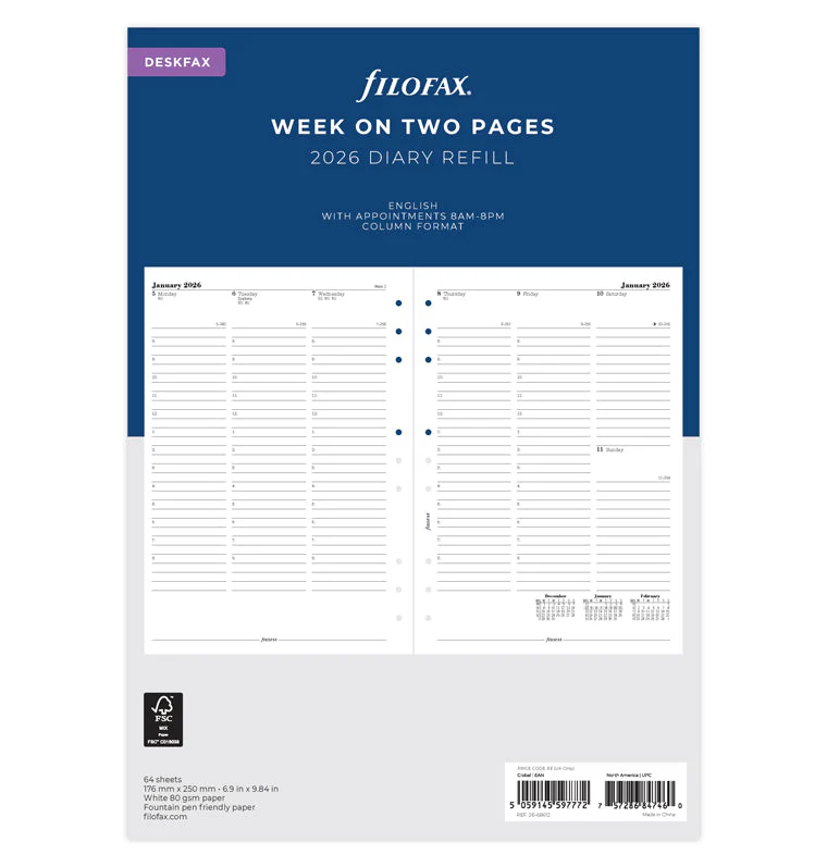 Week On Two Pages Diary With Appointments - Deskfax 2026 English